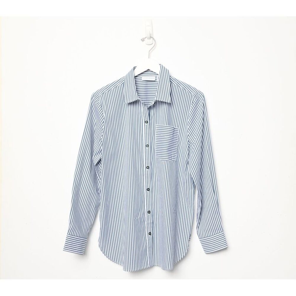 Susan Graver Women's Top Plus Sz 2X Yarn Dyed Woven Poplin Shirt Blue A703228